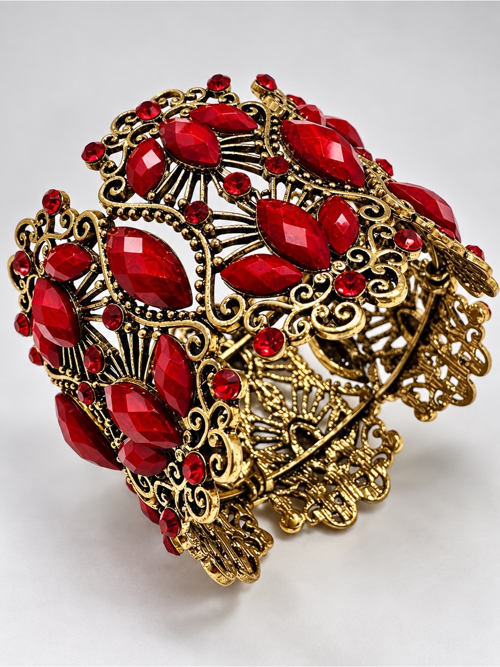 Vintage Antique Gold Red Gemstone Wide Filigree Cuff Bracelet Stretch